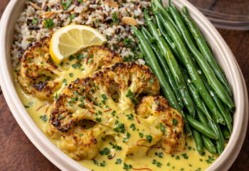 Pan-Roasted Caulifower Steaks w/ Lemon Saffron Cream- Vegan