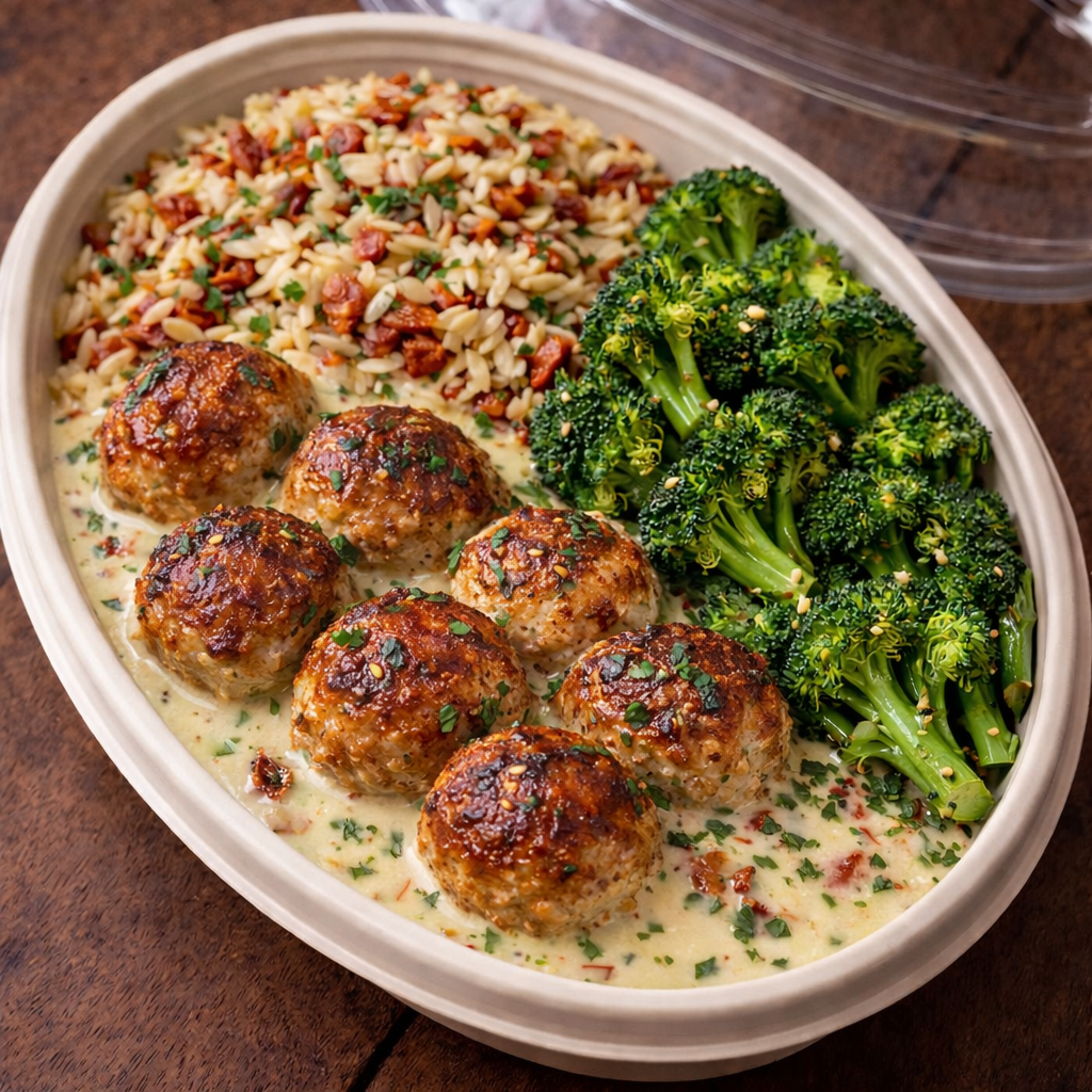 Tuscan Cream Turkey Meatballs w/ Sun-Dried Tomato Orzo- Mass Gainer