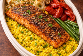 Shawarma-Spiced Salmon with Turmeric Rice- Pescatarian Shawarma-Spiced Salmon with Turmeric Rice- Pescatarian