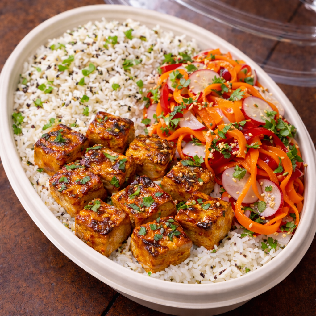Miso-Ginger Glazed Tofu with Carrot Ribbon Salad- Vegan