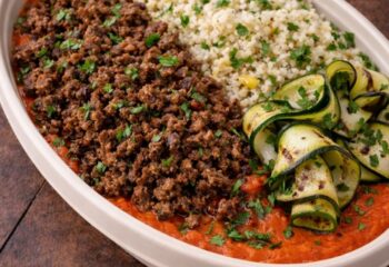 Mediterranean-Spiced Plant Based Beef w/ Roasted Red Pepper Coulis- Vegan