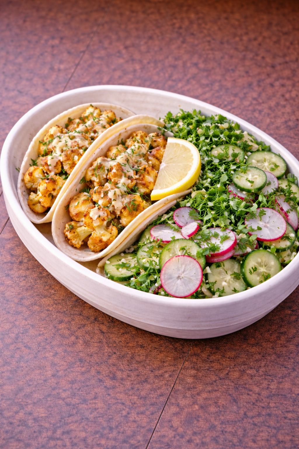 Mediterranean-Spiced Cauliflower Tacos with Lemon Tahini & Herb Salad- Vegan