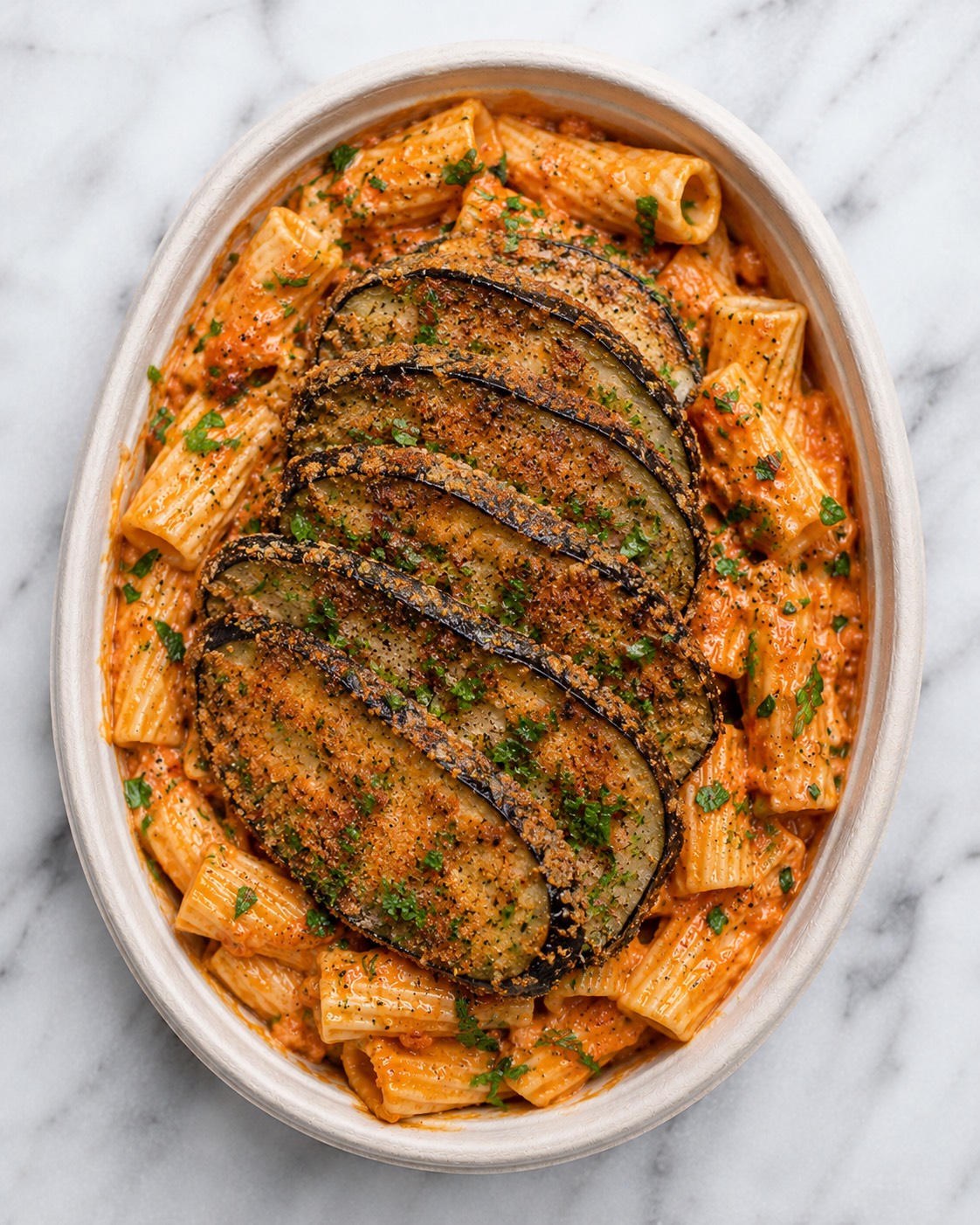 Eggplant Cutlet with Spicy Rigatoni - Vegan