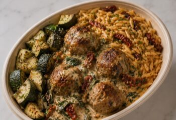 Tuscan Cream Turkey Meatballs w/ Sun-Dried Tomato Orzo - Low Carb
